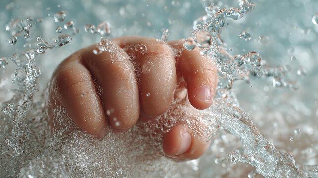 Tiny hand reaches into bubbly, sparkling water.