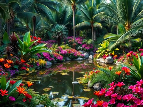 Lush tropical garden with colorful flowers and reflective pond
