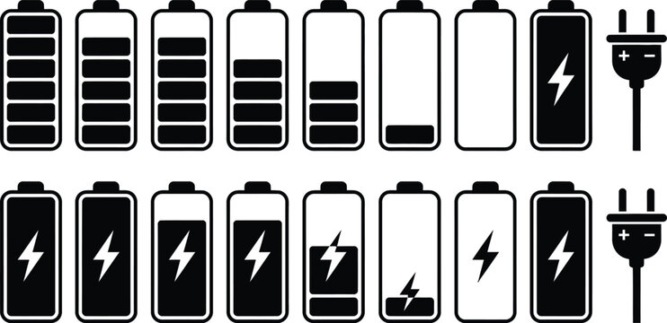 Collection of battery icons showing charging levels and power symbols