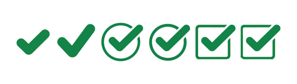 Checkmark green icons. set of six different vector illustrations for approval or completion.