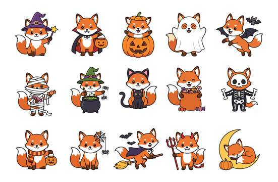 Cute fox characters in halloween costumes with pumpkins and bats vector illustration