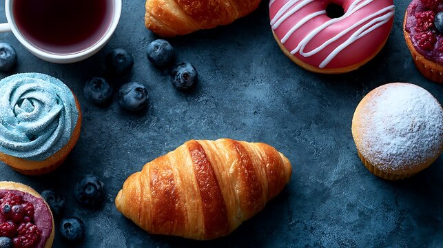 Freshly baked bread, baguettes, rolls, and flour on a dark surface