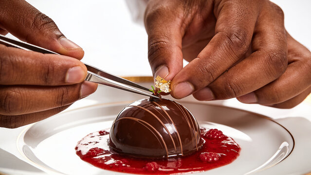 Extreme close-up of a pastry chef's hands using tweezers to place edible gold leaf on a glossy dark chocolate mousse sphere with a flawless mirror-glaze finish elegantly served on a raspberry sauce