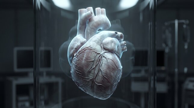 Human heart specimen preserved inside a glass container in a high tech medical facility lab
