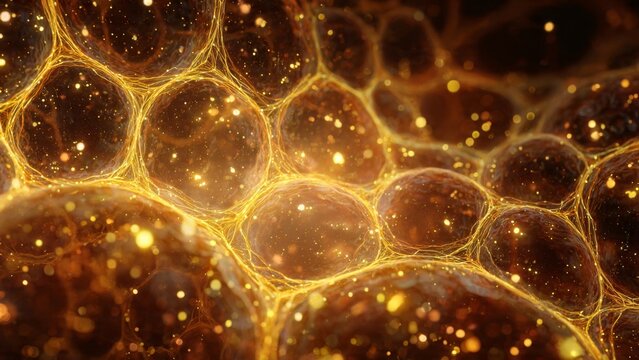Radiant golden cellular network symbolizing cutting edge biology anti aging ideas and the interconnection of various life forms