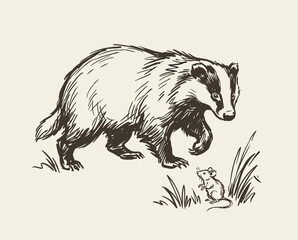 Obraz premium Badger mouse sketch, vintage illustration, wildlife ink drawing, animal art, woodland creatures, retro storybook