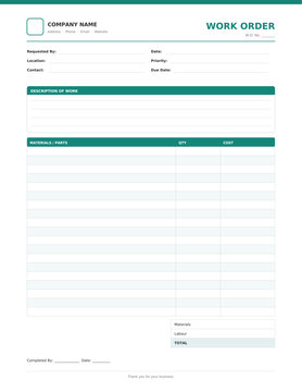 Work order template, professional printable business document form for office administration, company paperwork and record keeping, clean corporate layout, isolated vector illustration