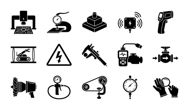 Industrial engineering icons set, 15 black vector symbols for manufacturing and quality control, technical measurement and factory equipment icons