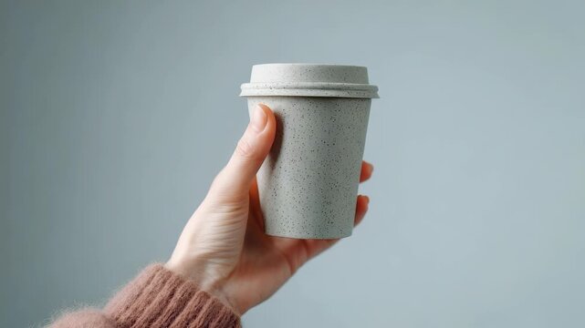 Close up of a person&rsquo;s hand in a cozy sweater holding a stylish reusable coffee cup, highlighting eco conscious choices. Perfect for themes of sustainability, minimalism, and modern living trends