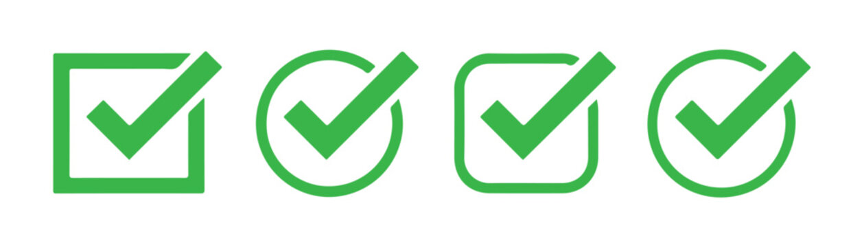 Green check mark icons in square and circle frames for survey design or task completion status symbols set.