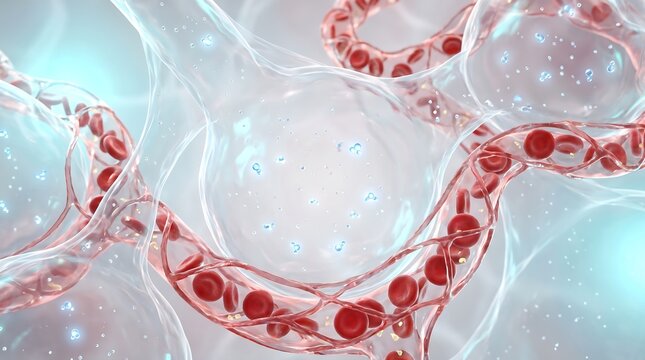 Detailed 3d visualization of microscopic human lung alveoli and blood flow in capillary vessels