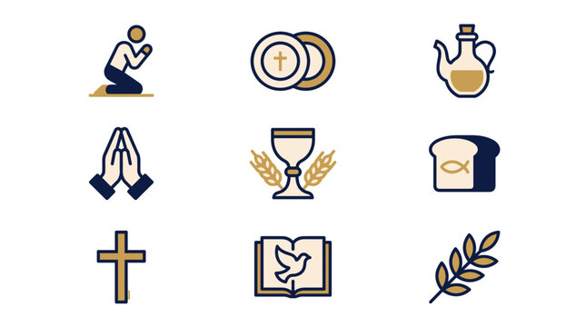 A collection of simple, stylized icons representing religious symbols and practices, including prayer, communion elements, a cross, and a Bible.