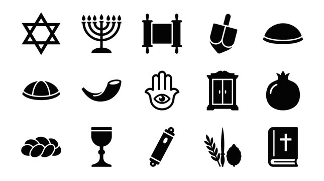 A collection of black and white icons representing various Jewish symbols and religious items.
