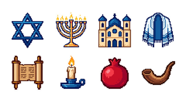 A collection of pixel art icons representing Jewish culture and religious symbols.