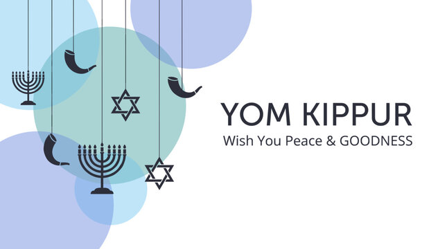 A festive graphic for Yom Kippur featuring hanging Star of David and Shofar symbols, wishing peace and goodness.