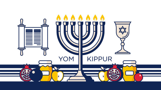 Flat illustration depicting traditional symbols of Yom Kippur: Torah scroll, menorah with flames, kiddush cup, apples, honey, and pomegranates.