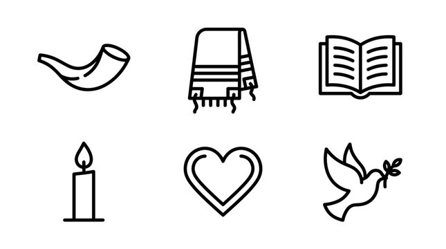 A collection of simplified line art icons representing religious and spiritual symbols: shofar, tallit, book, candle, heart, and dove.