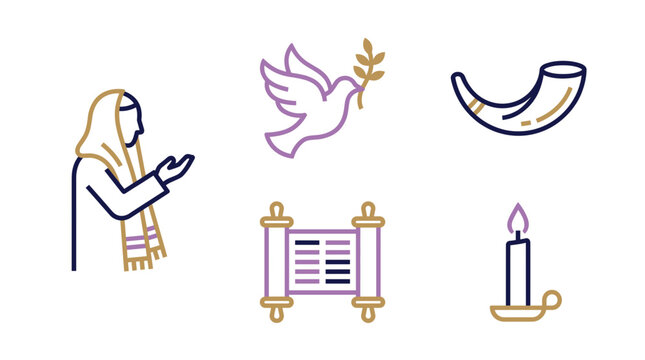 A collection of stylized icons representing Jewish culture: a person praying, a dove with an olive branch, a shofar, a Torah scroll, and a candle.