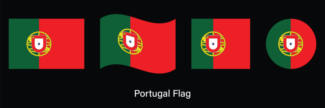 Portugal Flag Set with Waving, Circle and Rectangle Shapes Vector Illustration
