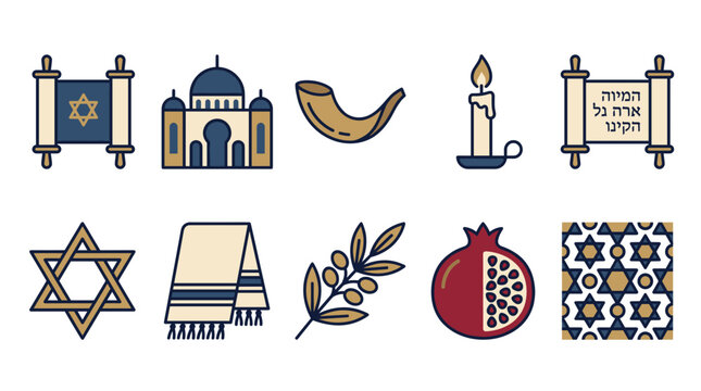 A collection of stylized icons representing Jewish culture and holidays, including Torah scrolls, Star of David, shofar, and pomegranate.