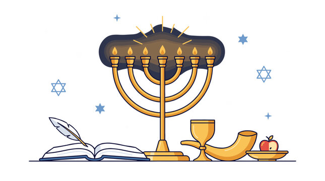 A collection of traditional Jewish Hanukkah symbols, including a lit menorah, shofar, apple, and an open book with a quill.