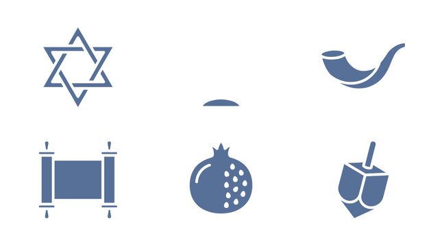 A collection of blue icons representing key Jewish symbols and holidays: Star of David, Torah scroll, Shofar, Pomegranate, and Dreidel.