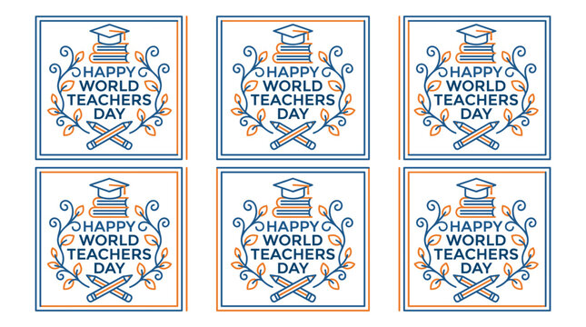 Set of six identical illustrations celebrating World Teachers Day, featuring books, a graduation cap, pencils, and leaves.