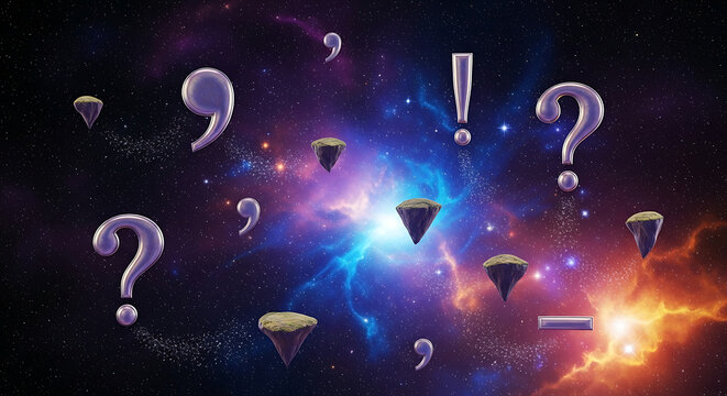 Punctuation marks float among fantasy islands in colorful deep space.