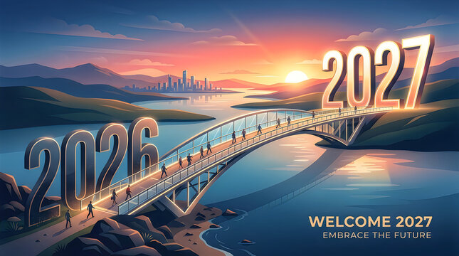 People crossing a bridge from 2026 to 2027 with city skyline at sunset symbolizing future progress
