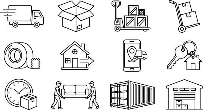 House moving relocation service and logistics line icon set with delivery truck warehouse and movers symbols