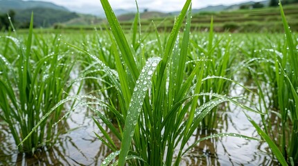 Fototapeta premium Close-up of Green Rice Seedlings with Water Droplets in a Flooded Paddy Field at a Mountain Terrace.
