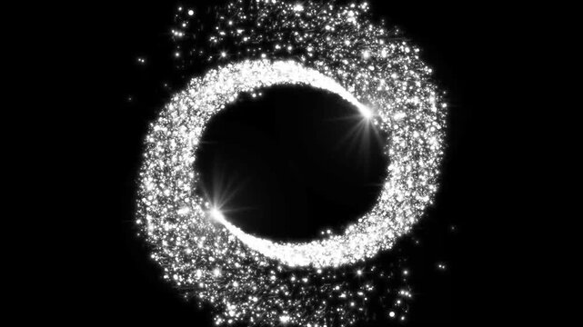 White sparkling particles forming bright swirling infinity ring with intense lens flares on black background