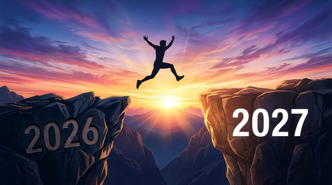 Silhouette leaping across a chasm from 2026 to 2027 at sunrise symbolizing progress and new beginnings