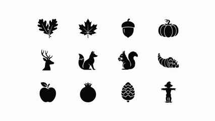 Autumn harvest silhouette icons set with minimalist collection twelve black silhouettes depicting autumnal elements leaves scarecrow against neutral background © Pronab