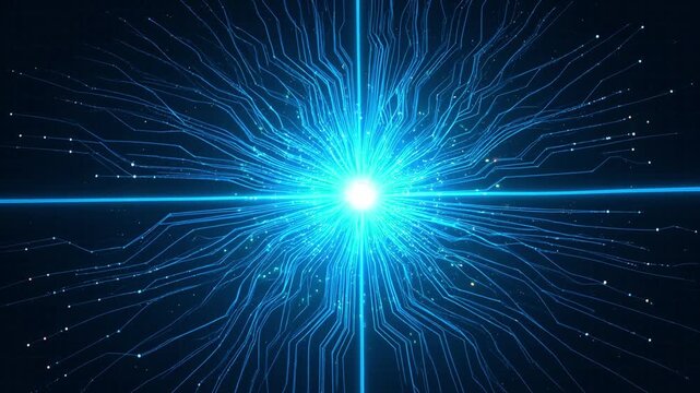Abstract blue artificial intelligence circuit background with glowing central core burst light and digital network data visualization
