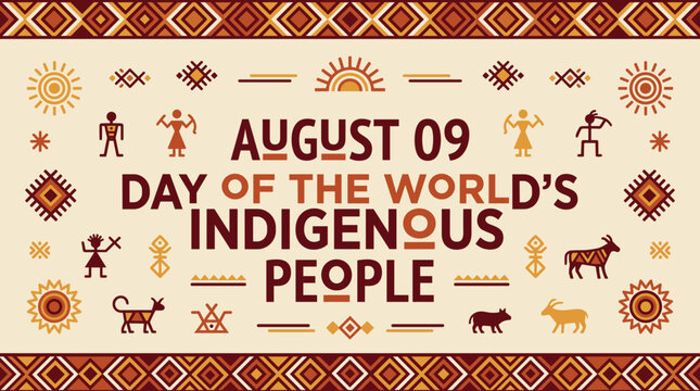 August 9th International Day of the World's Indigenous People decorative banner with tribal ethnic patterns and symbols.