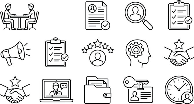 Human resources and recruitment line icon set with job interview resume search handshake and checklist symbols