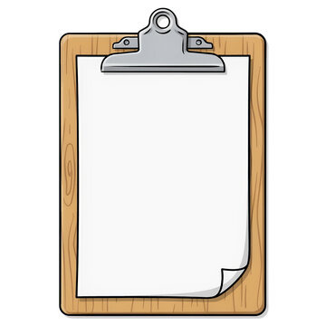 Wooden clipboard with blank white paper sheet isolated on a transparent background