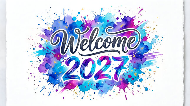 Welcome 2027 calligraphy with vibrant watercolor splashes in bright abstract celebration style