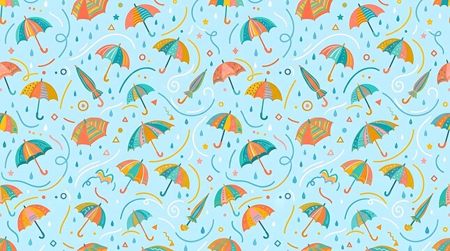 Colorful umbrella pattern with hand drawn doodle shapes on a light blue background