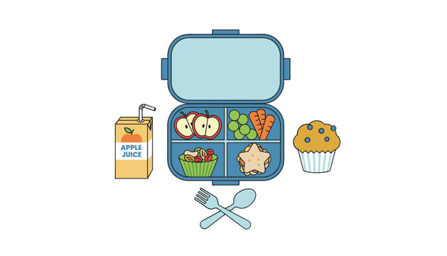 Open blue lunch box containing healthy meal options like apple slices, grapes, baby carrots, and a snack along with apple juice.