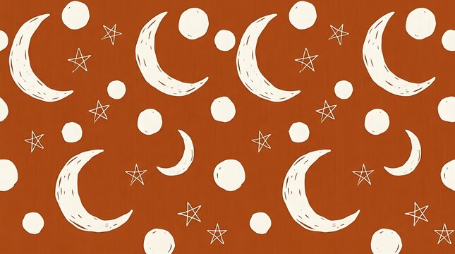 Seamless pattern with hand drawn white crescent moons stars and circles on red