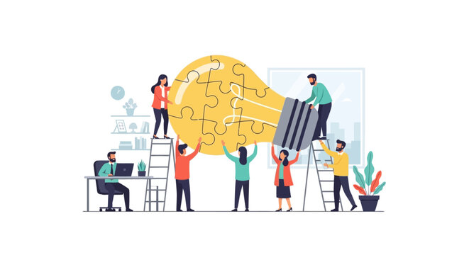 Business Team Collaboration and Creative Problem Solving Concept with People Assembling Light Bulb Jigsaw Puzzle for Innovation