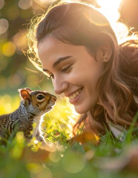 Woman smiling at squirrel in golden light