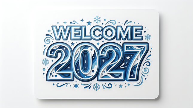 Welcome 2027 text art with snowflakes and swirls in blue tones on white background