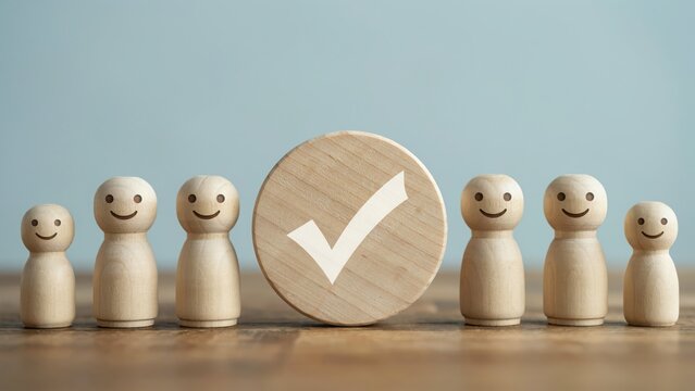 Wooden peg dolls with a happy face and a round sign showing a white check mark