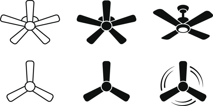 Ceiling fan icon collection, ventilation appliance silhouette vector set, home cooling illustration bundle for interiors