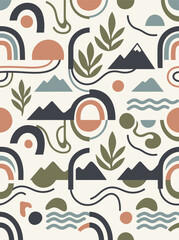 Fototapeta premium Editable Japandi Abstract Seamless Vector Pattern with Mountains, Rainbows and Botanical Elements
