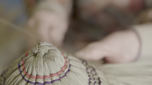 Hands Weaving Traditional Bon Odori Straw Hat in Ugo Town Akita Prefec