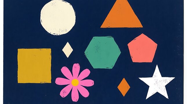Set of colorful geometric shapes and a flower icon on a dark blue background